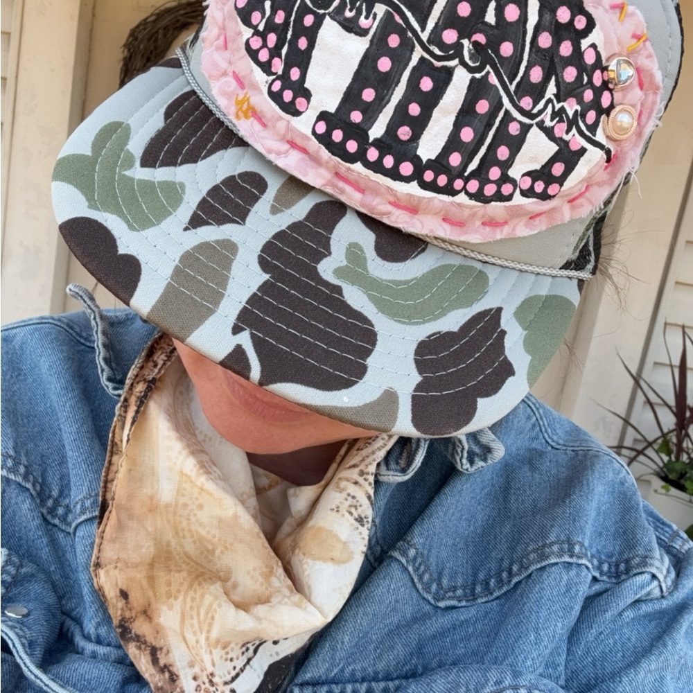 Fun Patchwork Trucker Cap with Pink Polka Dot Appliqué